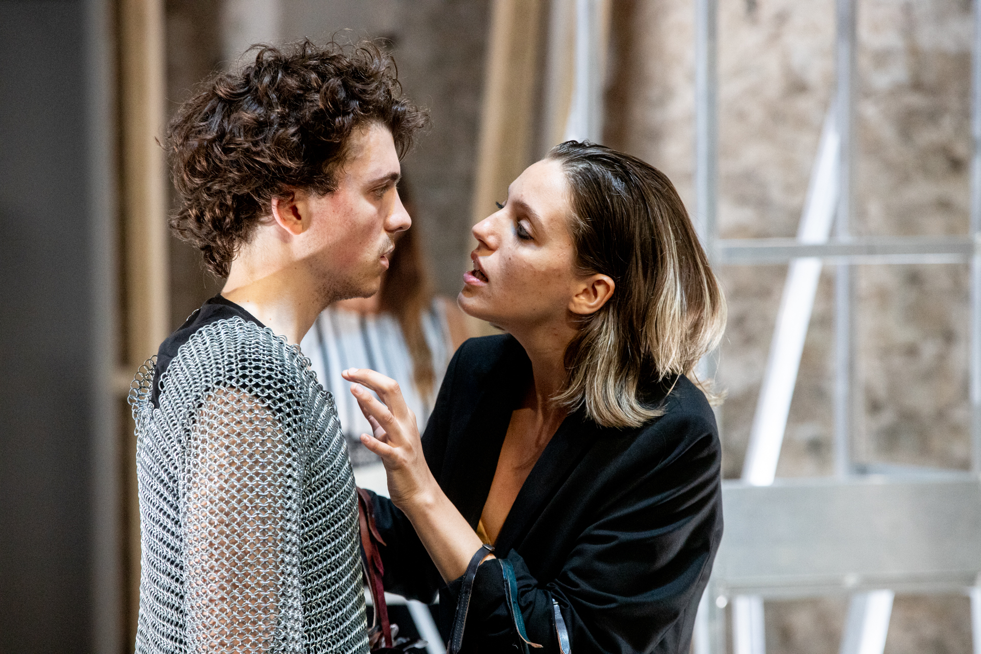 Intense moment between performers at Festival di Spoleto theatrical production