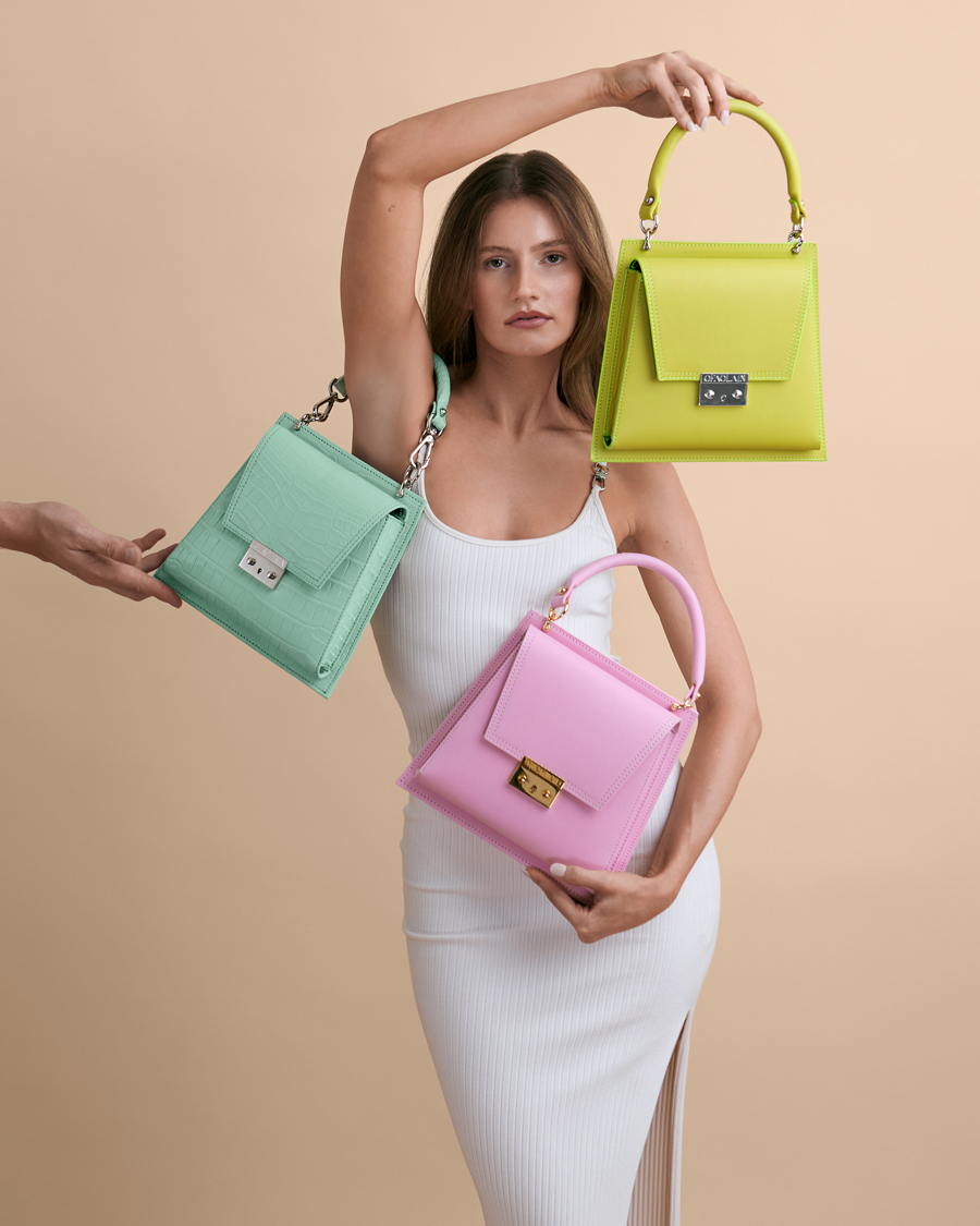 Sarah Oden Purse Photographer Ofaolain Leather luxury handmade handbags with model