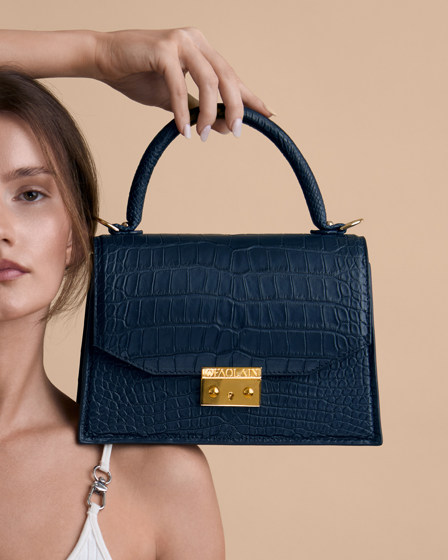 Sarah Oden Purse Photographer Ofaolain Leather luxury handmade crocodile handbag with model