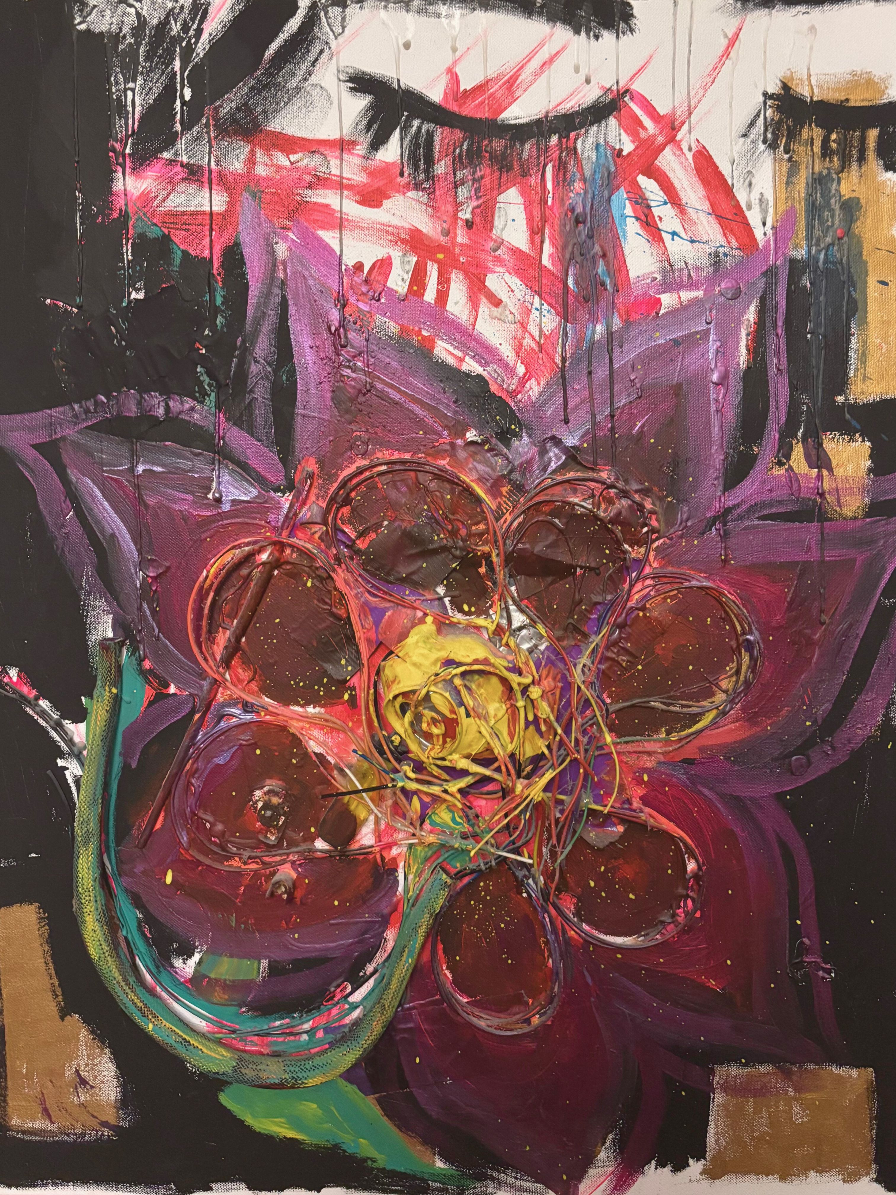 Mixed-media painting made at age seventeen featuring a flower form created with wires, paint, wax, and found objects on a dark background.
