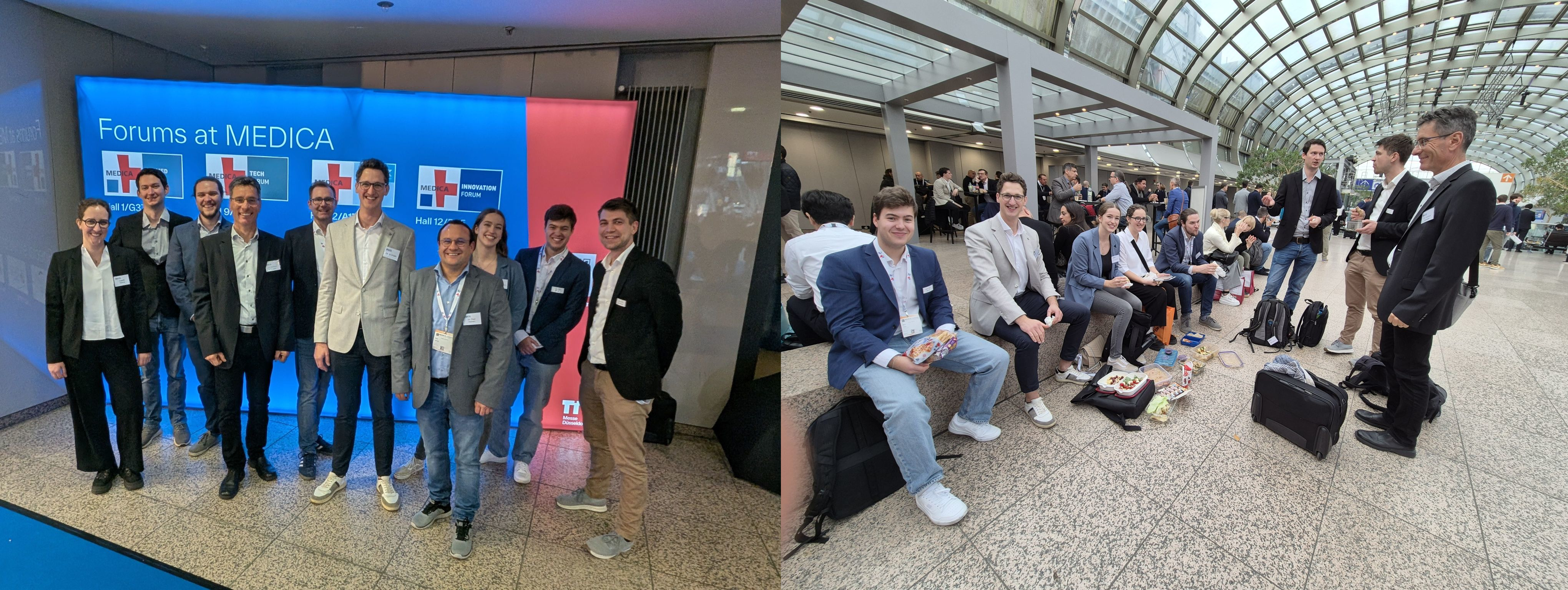 left: the teams of spahirlab and evos in front of an MEDICA banner; right: the teams picnicing at the trade fair