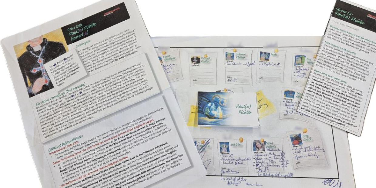 two character descriptions and a note taking sheet from the games material