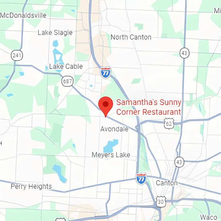 Map showing location of Samantha's Sunny Corner Restaurant near Avondale, north of Canton, Ohio, marked by a red pin.