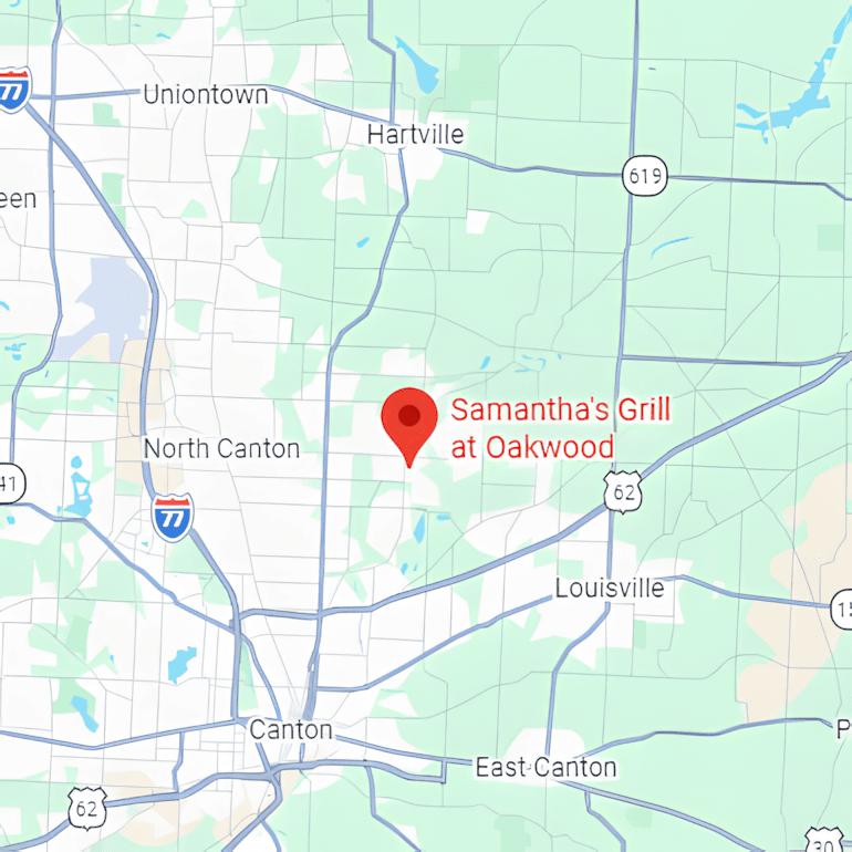 Map showing location of Samantha's Grill at Oakwood Square in Plain Township, Ohio, marked by a red pin.