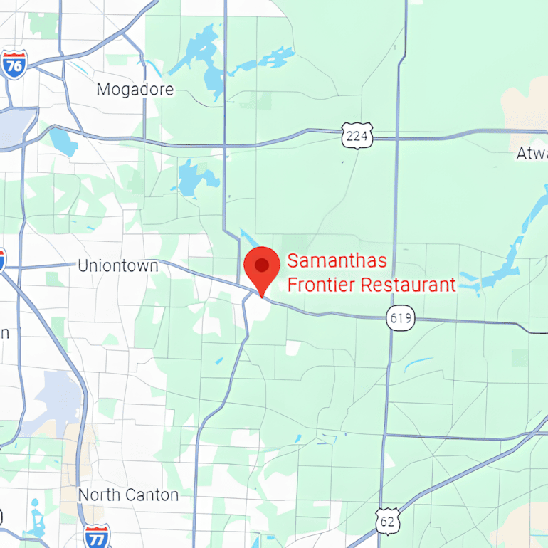 Map showing location of Samantha's Restaurant in Hartville, Ohio, marked by a red pin.
