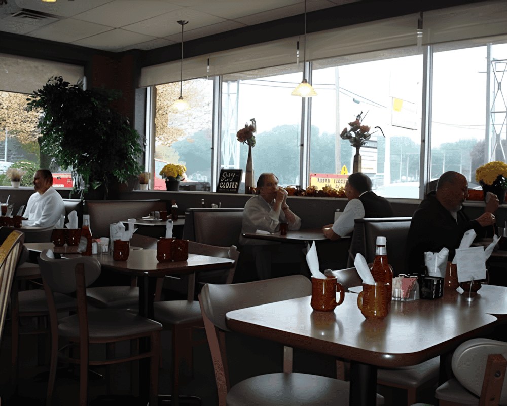 The interior of Samantha's Sunny Corner Restaurant with people sitting at tables and booths near large windows showing an outdoor view.