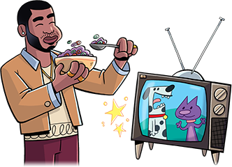 A young black man watches a cartoon dog and cat on a CRT Television while eating cereal.