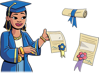 A young asian-american woman wearing a blue graduation cap and gown while surrounded by three certificates. 