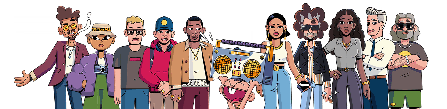 A group lineup of 11 cartoon characters from The Intells animated series. 