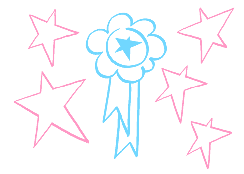 A blue ribbon award surrounded by stars. 
