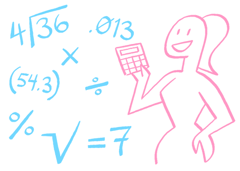 A woman holding a calculator while mathematic functions and numbers swirl around her.