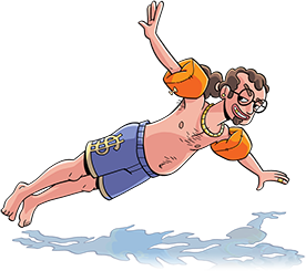 A balding man with a mullet and soul-patch dives into a pool while giving a nefarious look to the camera. 