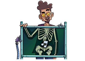 A Latin-American man stands behind an x-ray board. Inside him is a musical note.