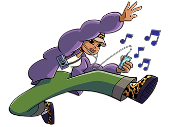 An Asian-American girl leaps through the air while listening to an MP3 player connected to wired headphones.