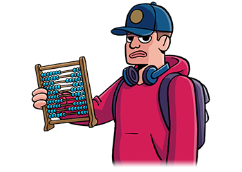 A young man in a baseball cap and red hoodie holds an abacus while giving a confused look to the viewer.