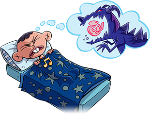 A child is having a nightmare about a dragon eating a vinyl record.