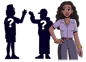 An African-American woman in business attire looks at two silhouetted figures with question marks overlayed on their chests. 
