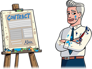 A middle-aged man in business attire covered in paint stands next to an easel with a painting of a legal contract.