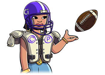 A young Asian-American woman dressed in a football helmet and shoulder pads catches a football. The shoulder pads have the copyright and music copyright icons on either side.