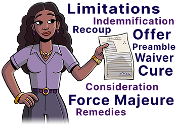 An African-American woman in business attire holding a legal contract is surrounded by random legal terms and jargon.