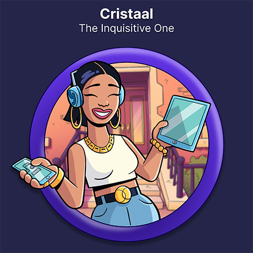 Cristaal, The Inquisitive One. A young Asian-American girl dances while wearing headphones and holding a smartphone and a tablet.