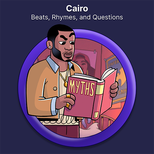 Cairo, Beats, Rhymes, and Questions. A young African-American man with an inquisitive look on his face reads a book titled Myths. 