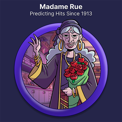 Madame Rue, Redicting Hits Since 1913. An older woman with long grey hair. wearing a headscarf, kaftan, and hoop earrings, and holding a bouquet of roses.
