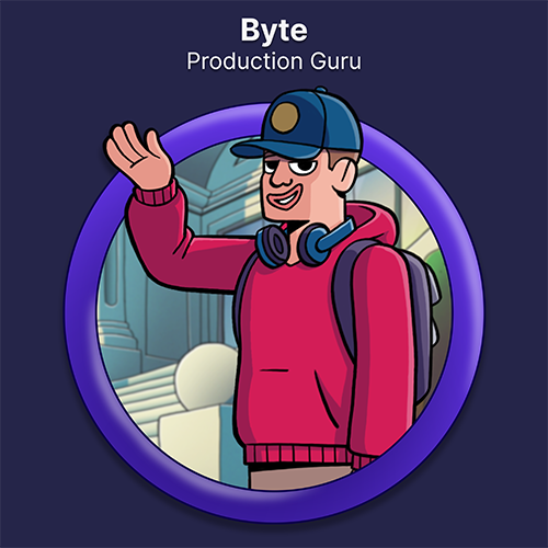 Byte, Production Guru. A young man in a baseball cap and red hoodie waves at the viewer. 