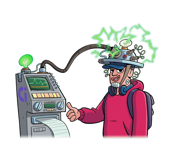 A man in a red sweater gives a thumbs up while wearing a helmet with wires, lightbulbs and tubes attached. The main tube is attached to a machine with a glowing bulb spitting out papers.