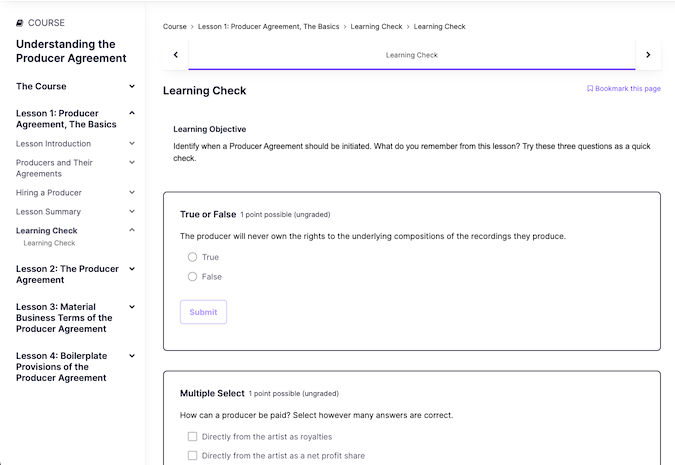 A screen capture of a Creative Intell Academy course with an example of a multiple choice Interactive Learning Check content box within the course.