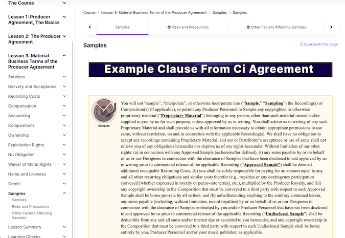 A screen capture of a Creative Intell Academy course with an example of a Legal Clause content box within the course.