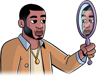 A young African-American man looking at himself in a handheld mirror.