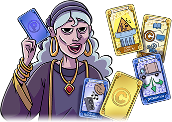 A grey haired fortune teller with hoop earrings shows tarot cards depicting different aspects of musical copyrights.