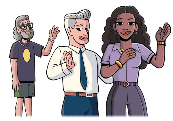 A group of music industry professionals gather and wave hands.