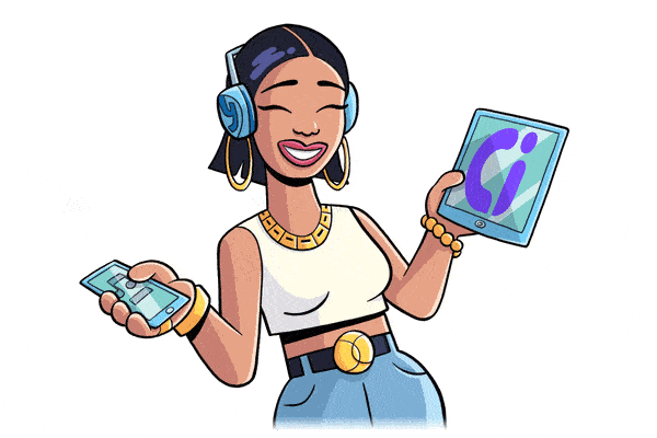 A cartoon Asian-American girl holding an iPad in one hand and her phone in the other, listening to music through on-ear headphones.  