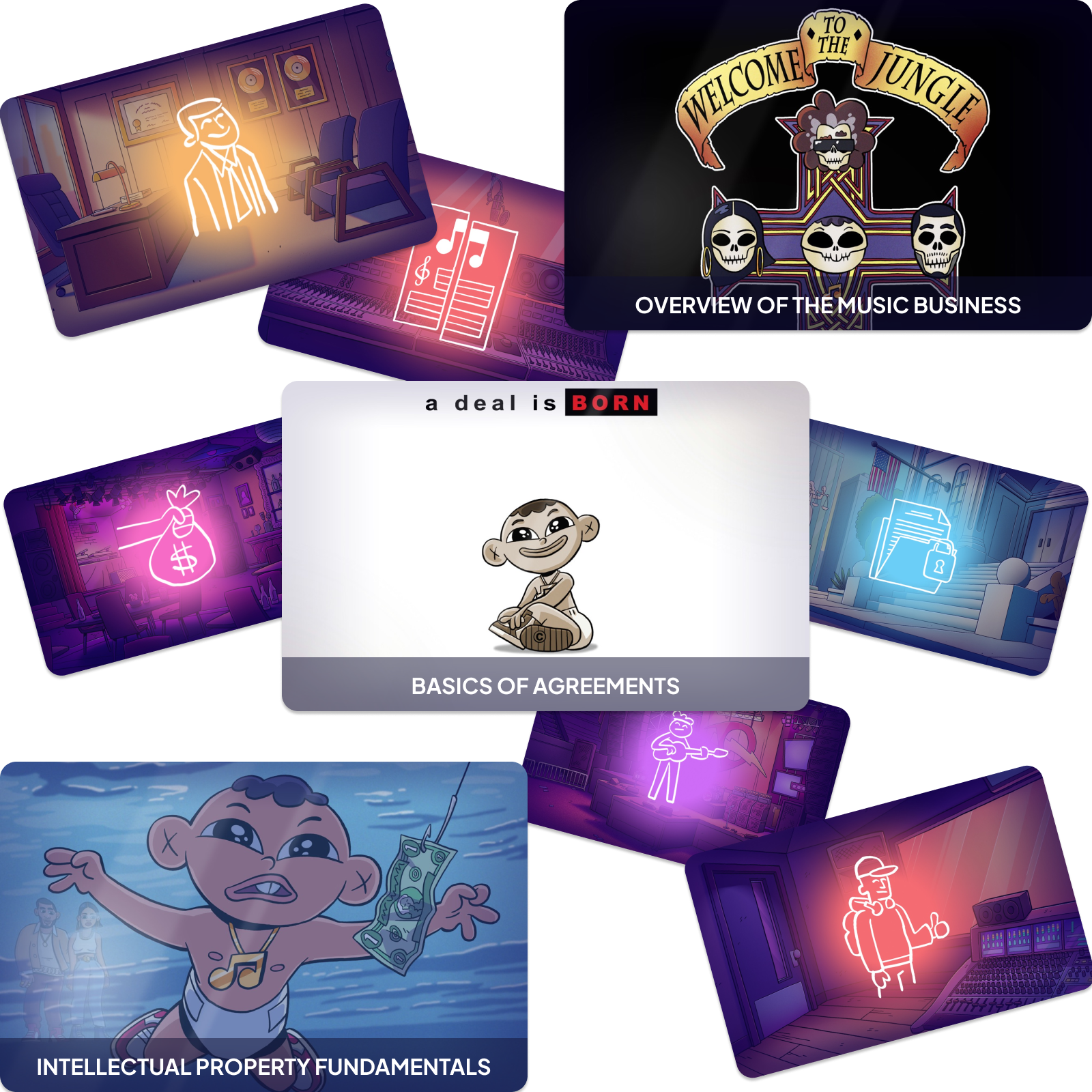 A composite of Creative Intell Academy course title cards based on famous album covers.