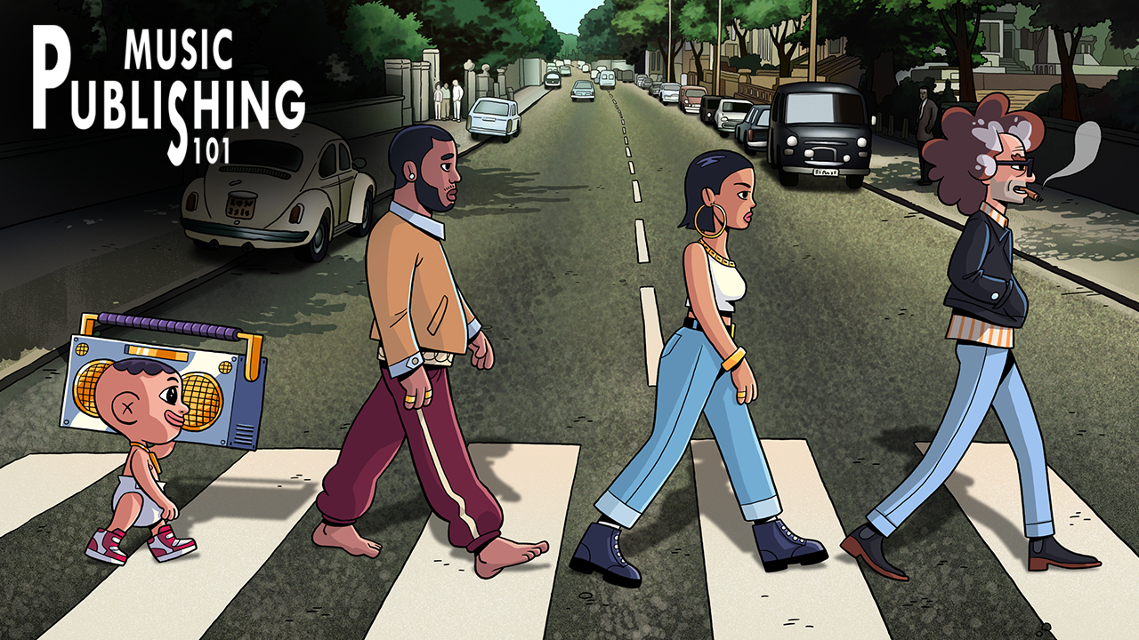 Music Publishing 101 Course Artwork, A recreation of The Beatles Abbey Road Album Cover with the characters from the Intells animated series.