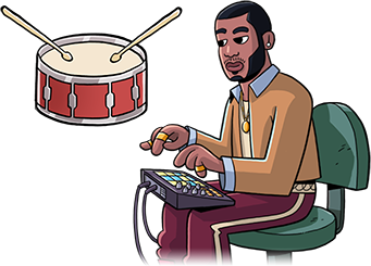 An illustration of a young black man programming a drum machine.