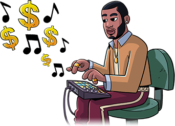 A young black man is programming a drum machine; Musical notes and dollar signs float upward from the drum pad.