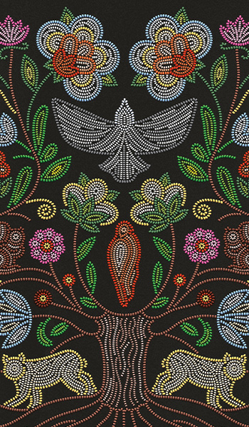 Illustrative beadwork showcasing florals and local animals