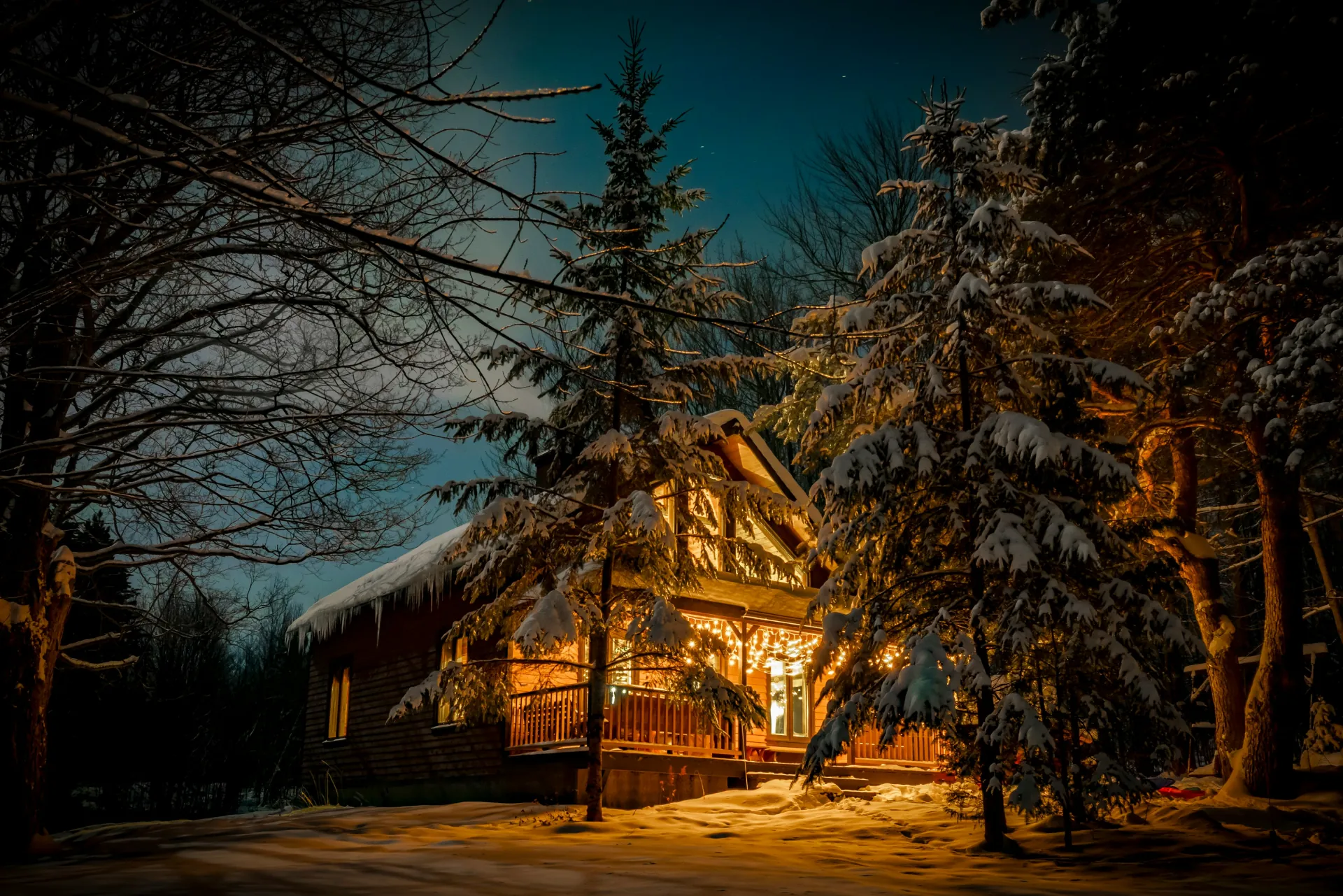 Chalet illuminé en soirée d'hiver entouré de sapins enneigés