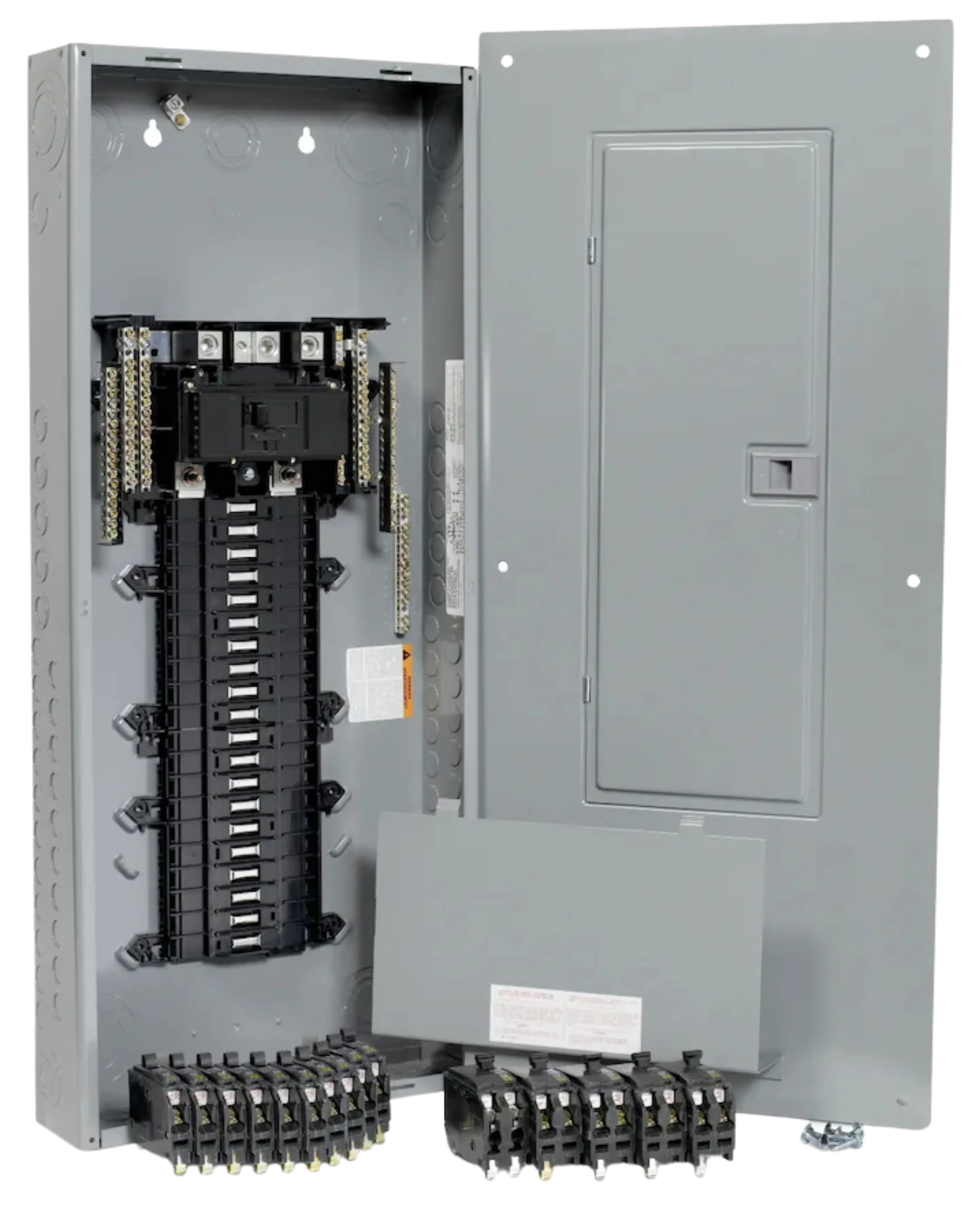 Panneau électrique résidentiel ouvert avec disjoncteurs et porte