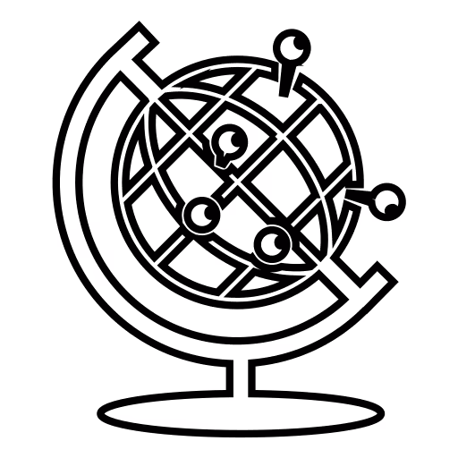 Black and white line drawing of a stylized globe on a stand