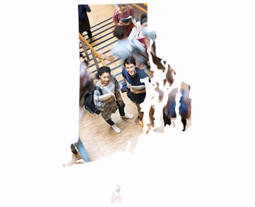 Students walking up stairs on campus, Rhode Island