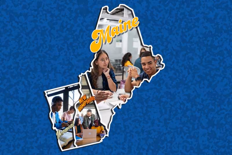 Maine state map with diverse students in various collaborative learning scenes