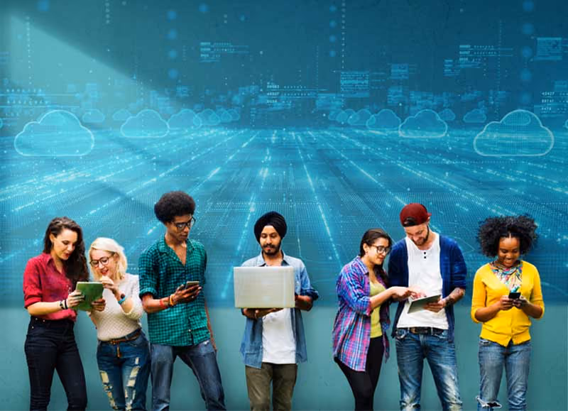 Diverse group of people using digital devices against cloud technology background
