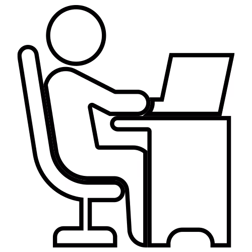 Stick figure sitting at desk working on laptop computer