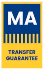 Blue and yellow MA Transfer Guarantee logo with striped design