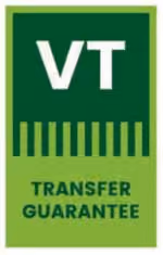 Green VT Transfer Guarantee logo with vertical striped pattern