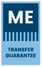 Blue transfer guarantee logo with ME text and striped pattern